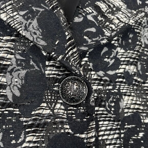 Chicos Tweed Floral Print Buttoned Blazer Jacket Navy Blue Black Gray Size 2 / L - Picture 5 of 7